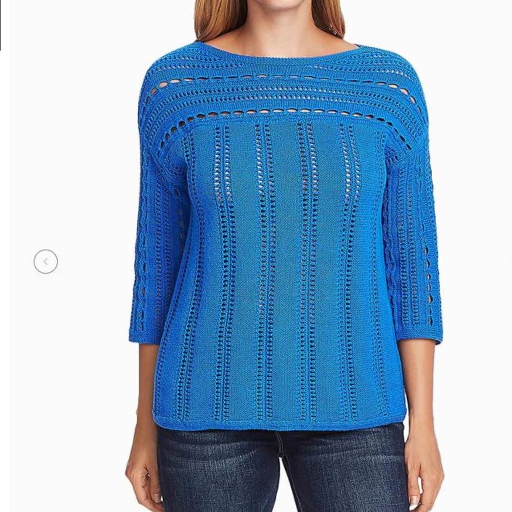 NWT Vince Camuto OPEN STITCH BOAT NECK SWEATER, color Deep River Blue, size S